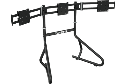 Black bike stand with 'Trak Racer' branding on a white background