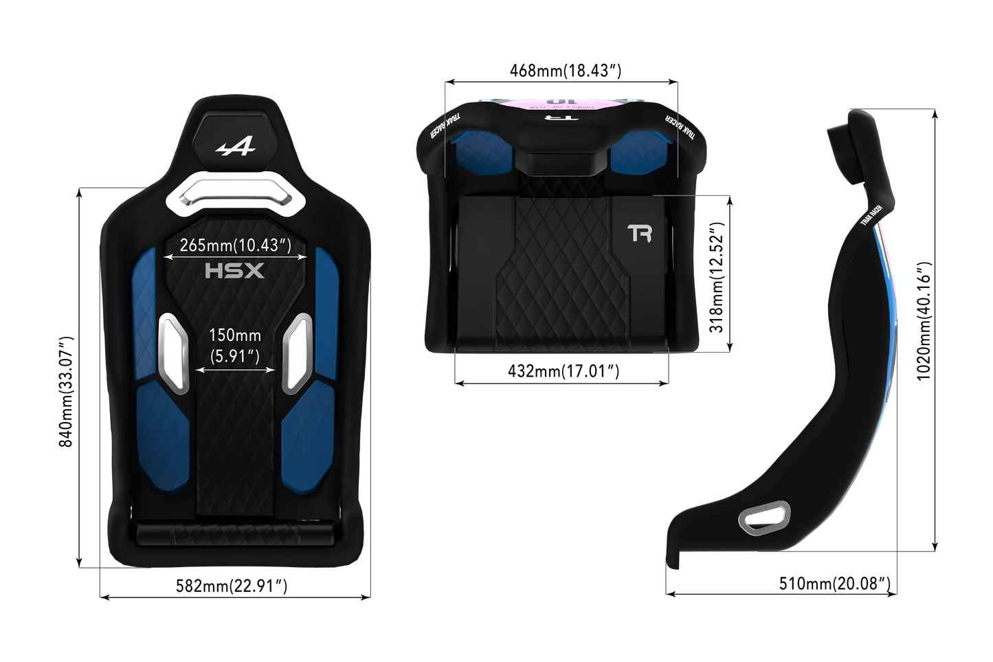 Trak Racer HSX BWT Alpine F1 Team seat with blue and black leather-style cushions
