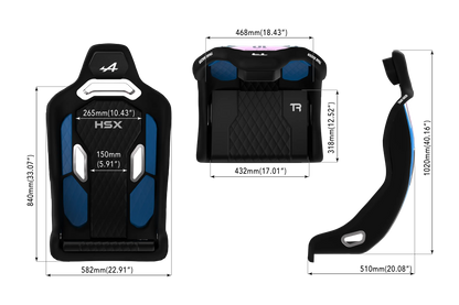 Trak Racer HSX BWT Alpine F1 Team seat with blue and black leather-style cushions
