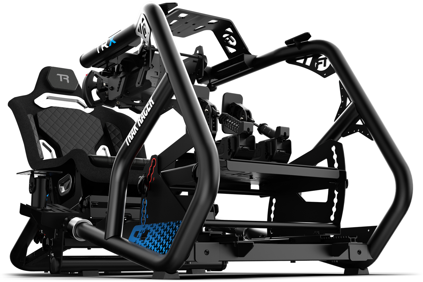 Black gaming chair with detailed design on a white background