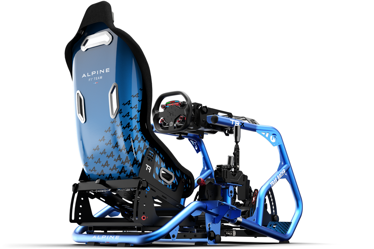 Blue and black Alpine car seat with detailed design on a white background