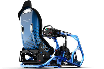 Blue and black Alpine car seat with detailed design on a white background