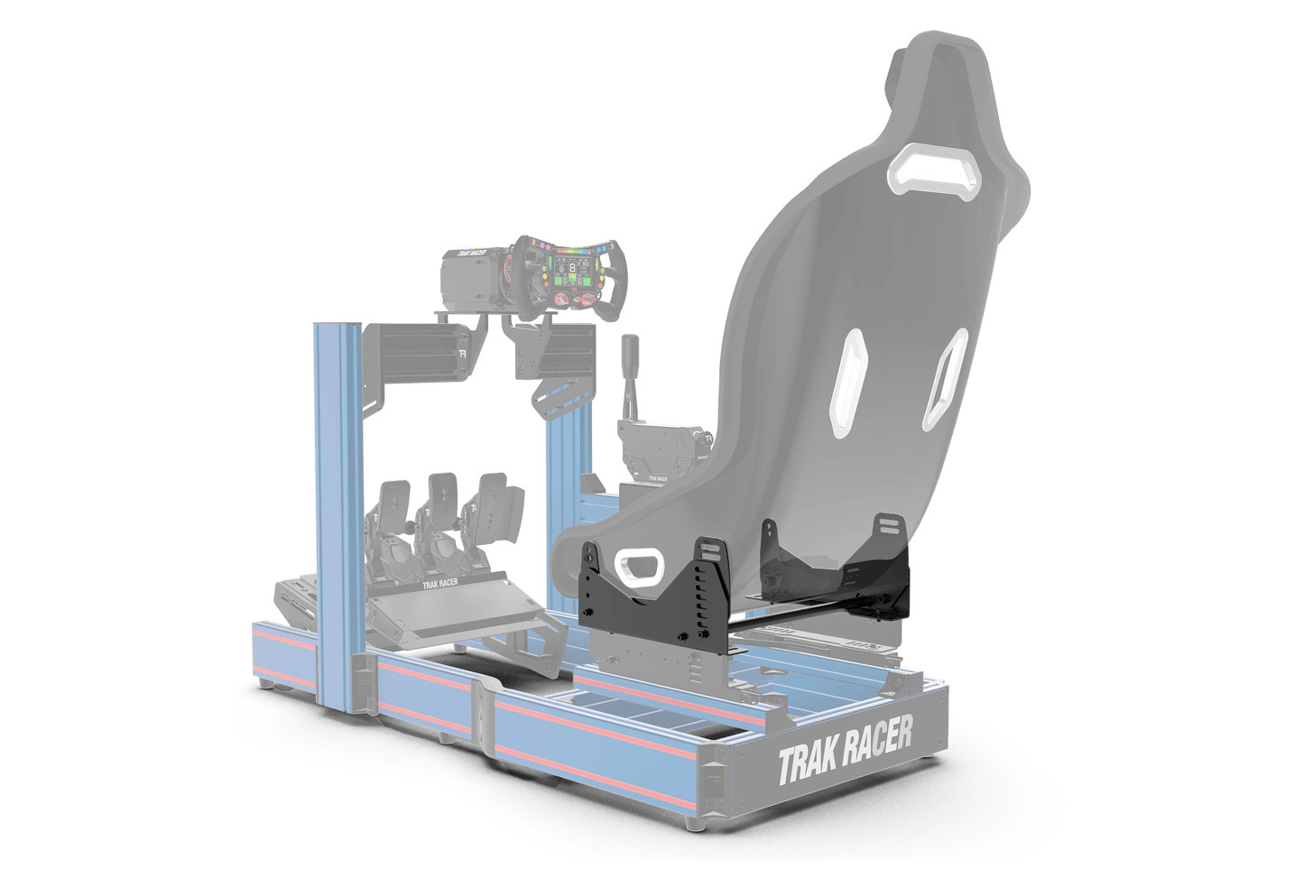Simulator racing seat with support structure on a transparent background