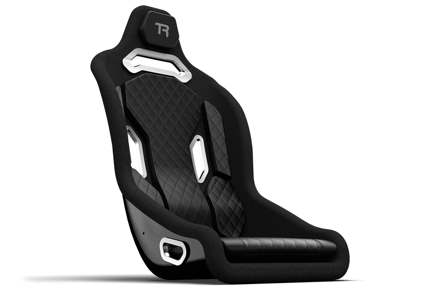 Black racing seat with quilted design on a white background