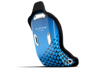 Blue and black ski boot with 'Alpine' branding on a white background