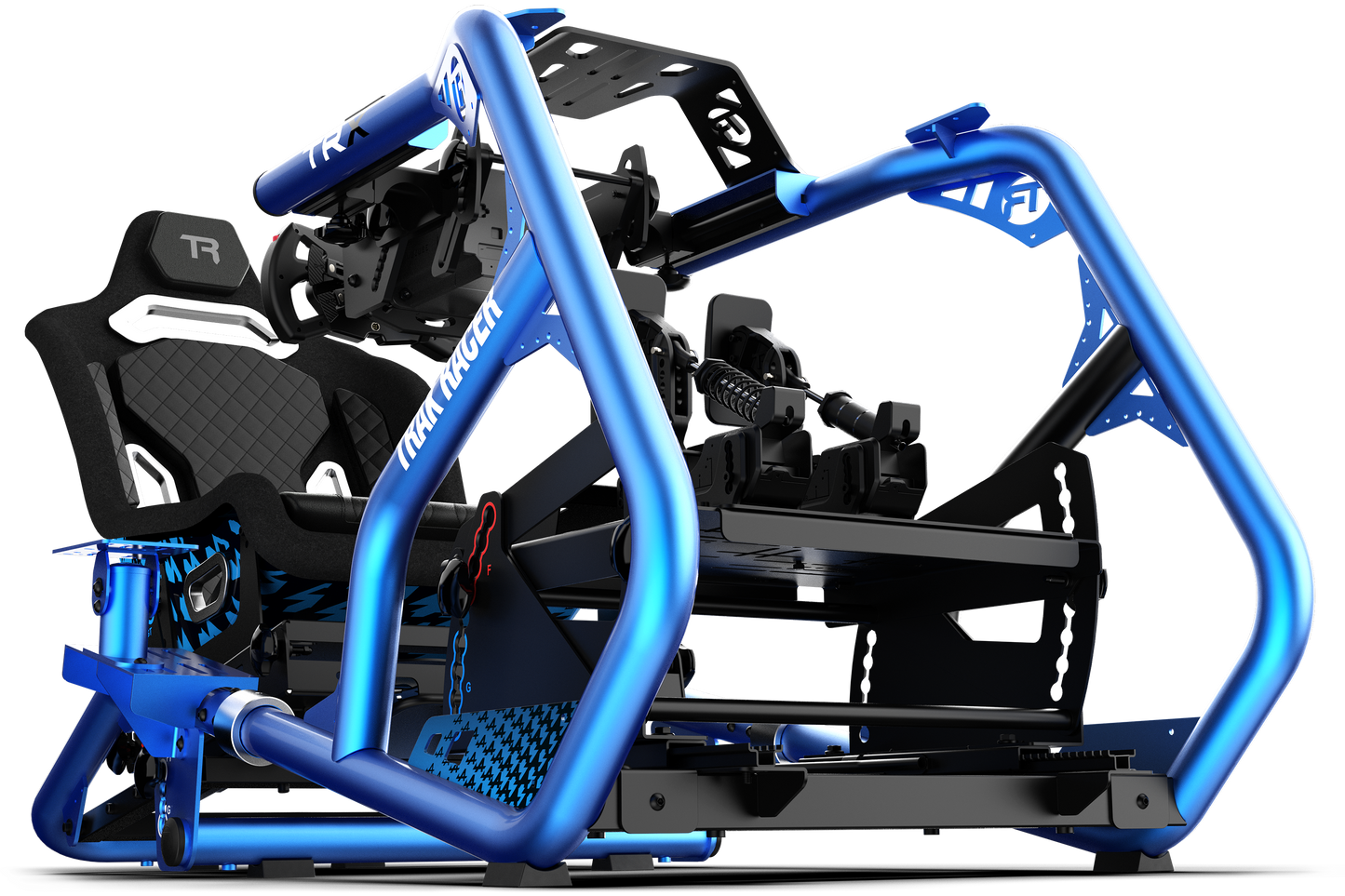 Racing simulator chair with blue frame and black seat on a white background