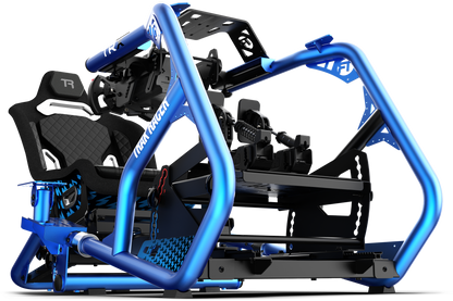 Racing simulator chair with blue frame and black seat on a white background
