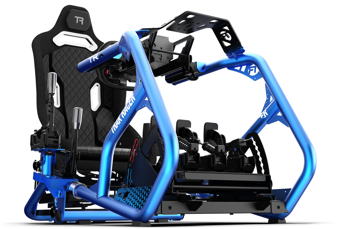 Racing simulator chair with blue metal frame on a white background