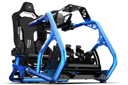 Racing simulator chair with blue metal frame on a white background