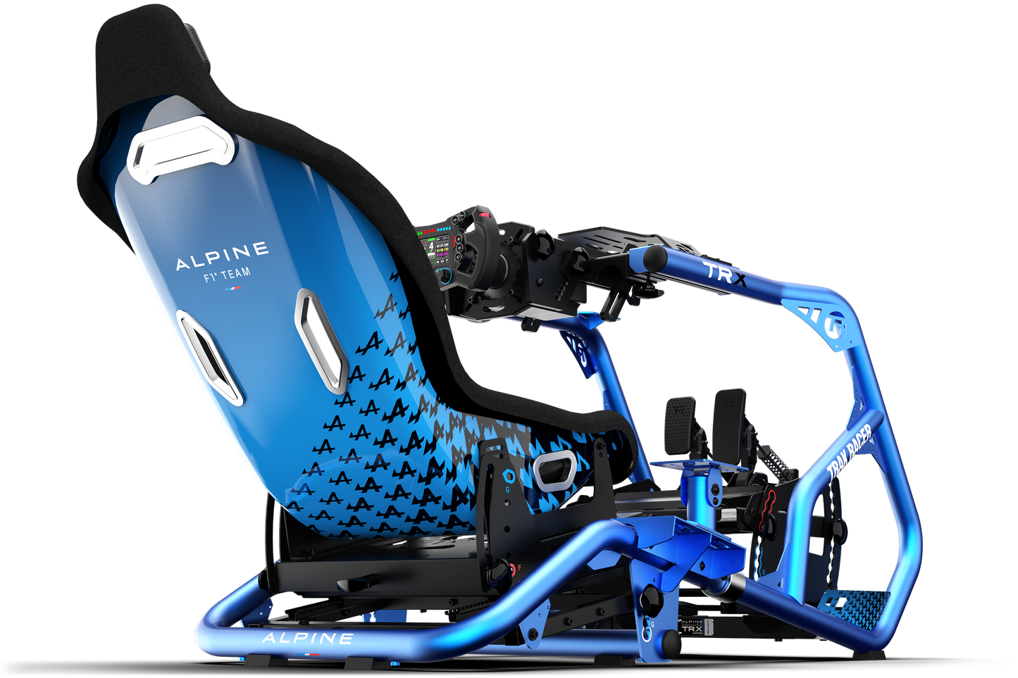 Blue racing seat with frame on a white background