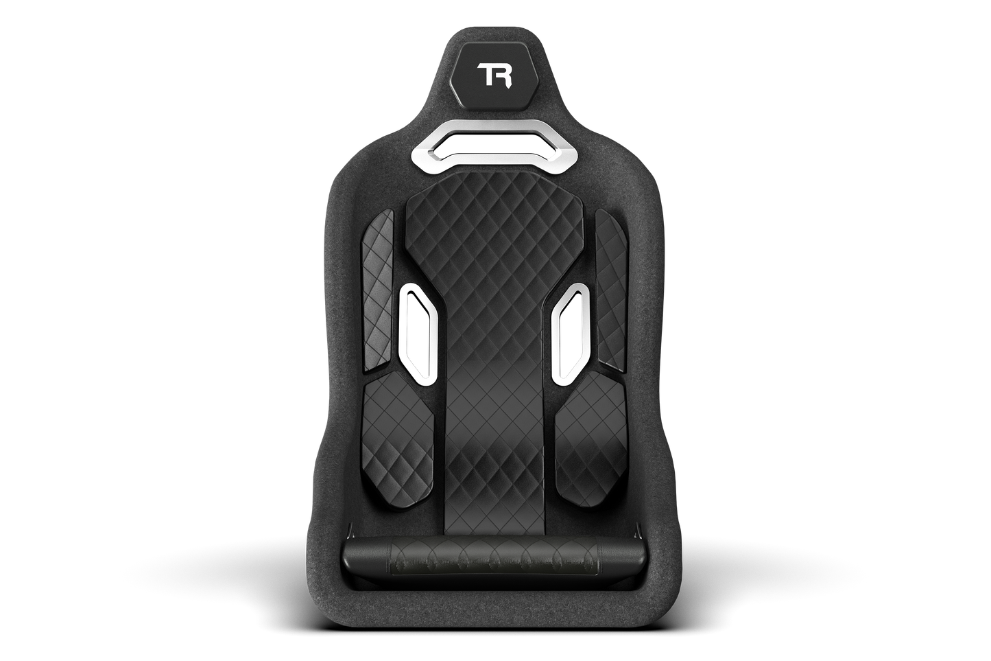 Black car seat cover with quilted design and brand logo on a white background