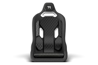 Black car seat cover with quilted design and brand logo on a white background