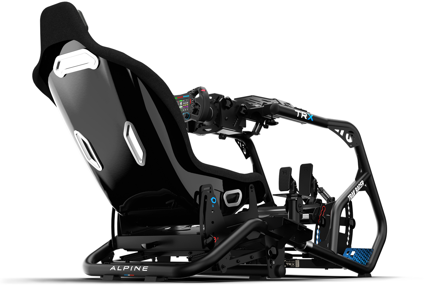 Black racing seat with adjustable mechanisms on a white background