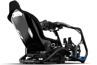 Black racing seat with adjustable mechanisms on a white background