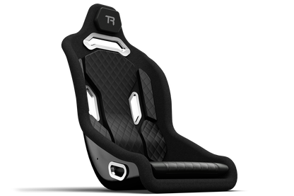 Black racing seat with quilted design on a white background
