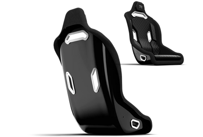 Black car seat with white accents on a white background