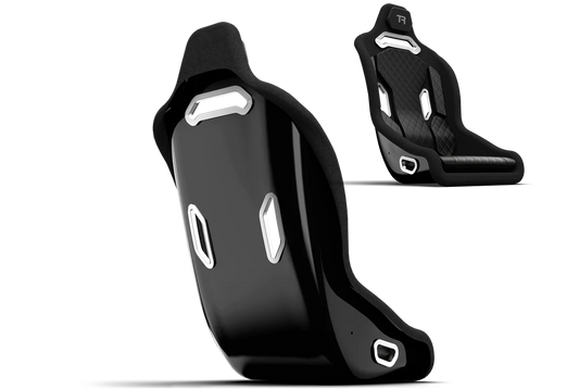 Black car seat with white accents on a white background