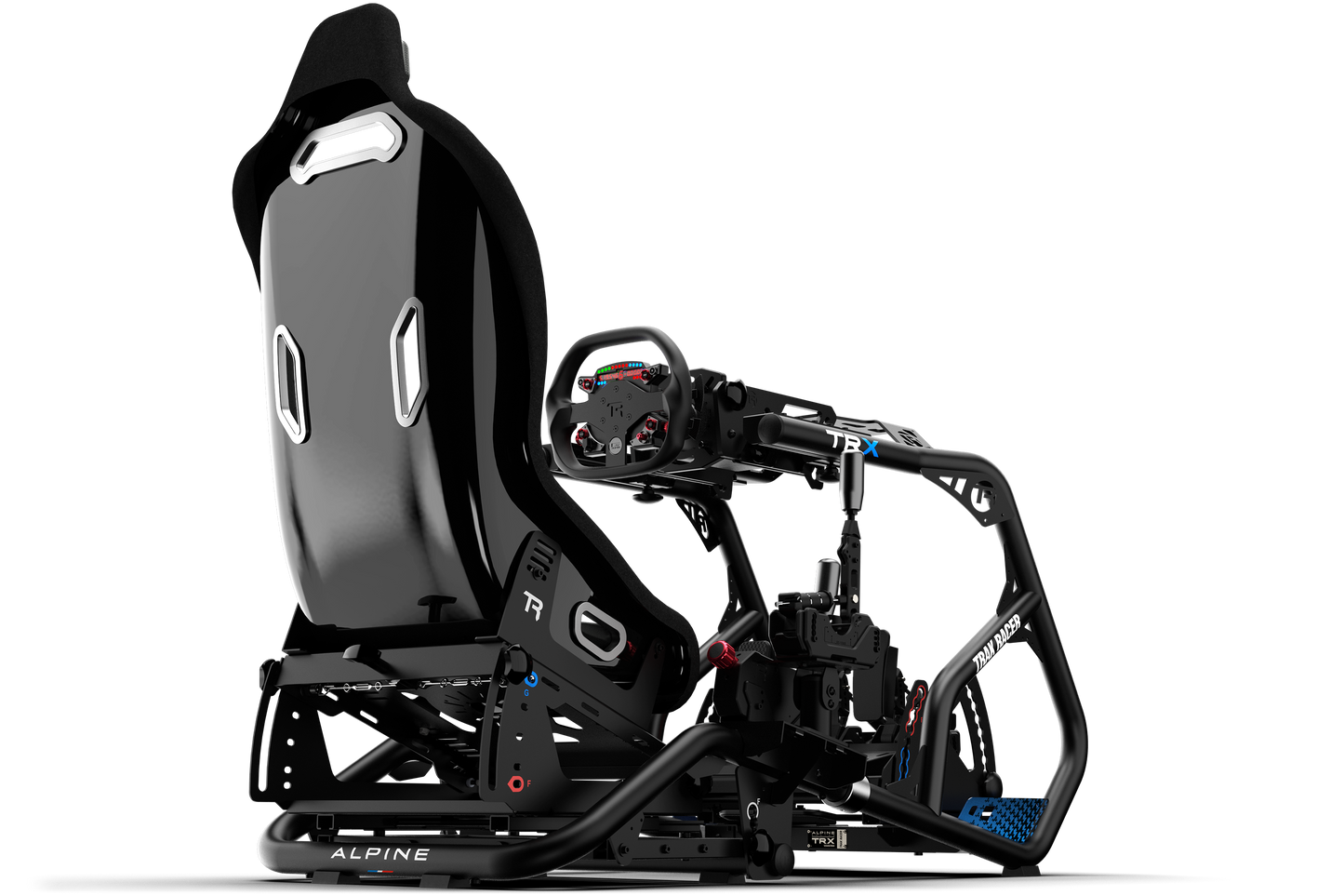 Black and gray racing simulator seat with steering wheel on a white background