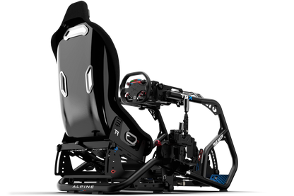 Black and gray racing simulator seat with steering wheel on a white background