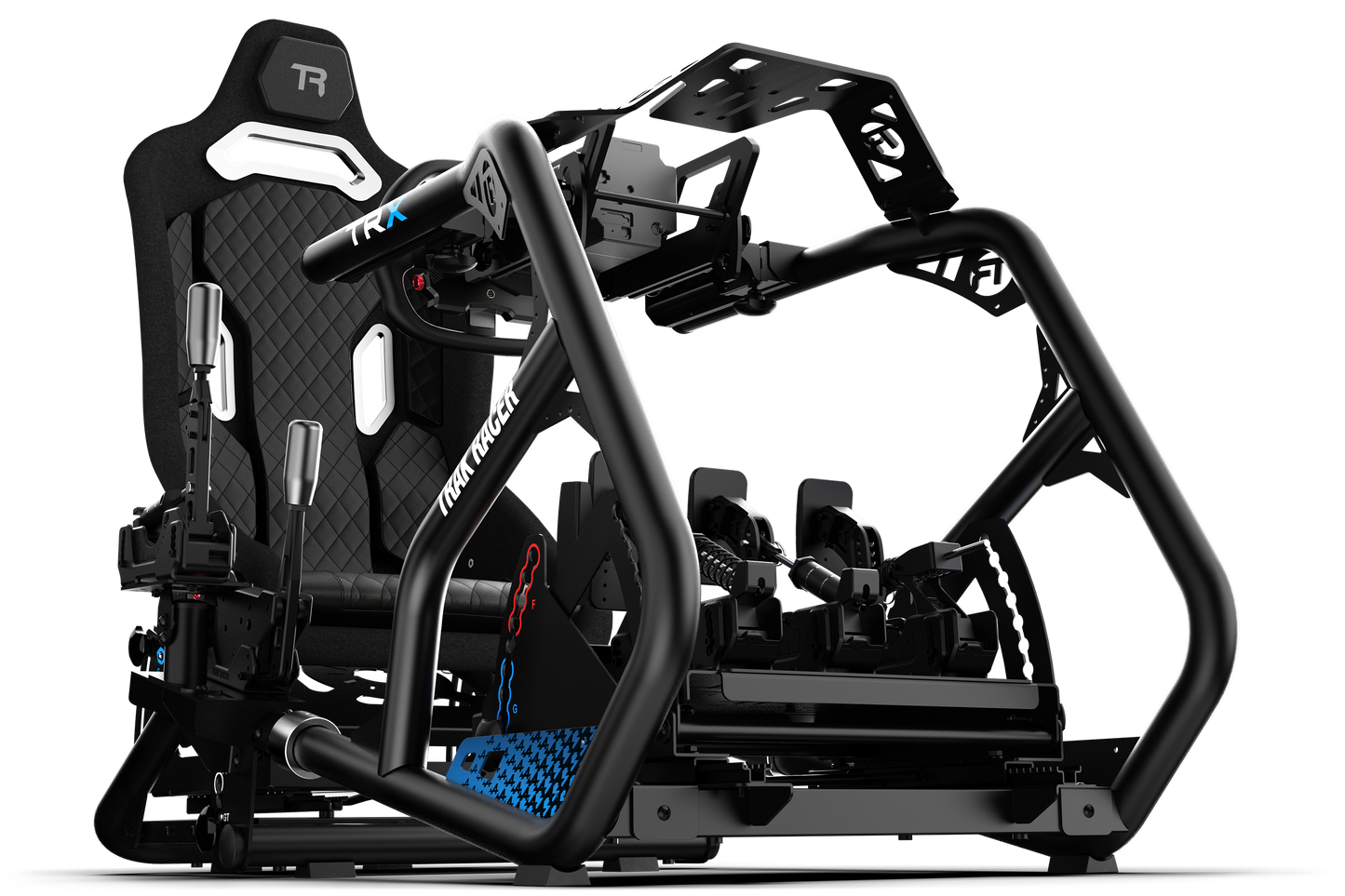 Black racing simulator seat and stand on a white background