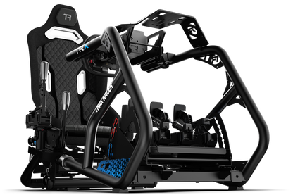 Black racing simulator seat and stand on a white background