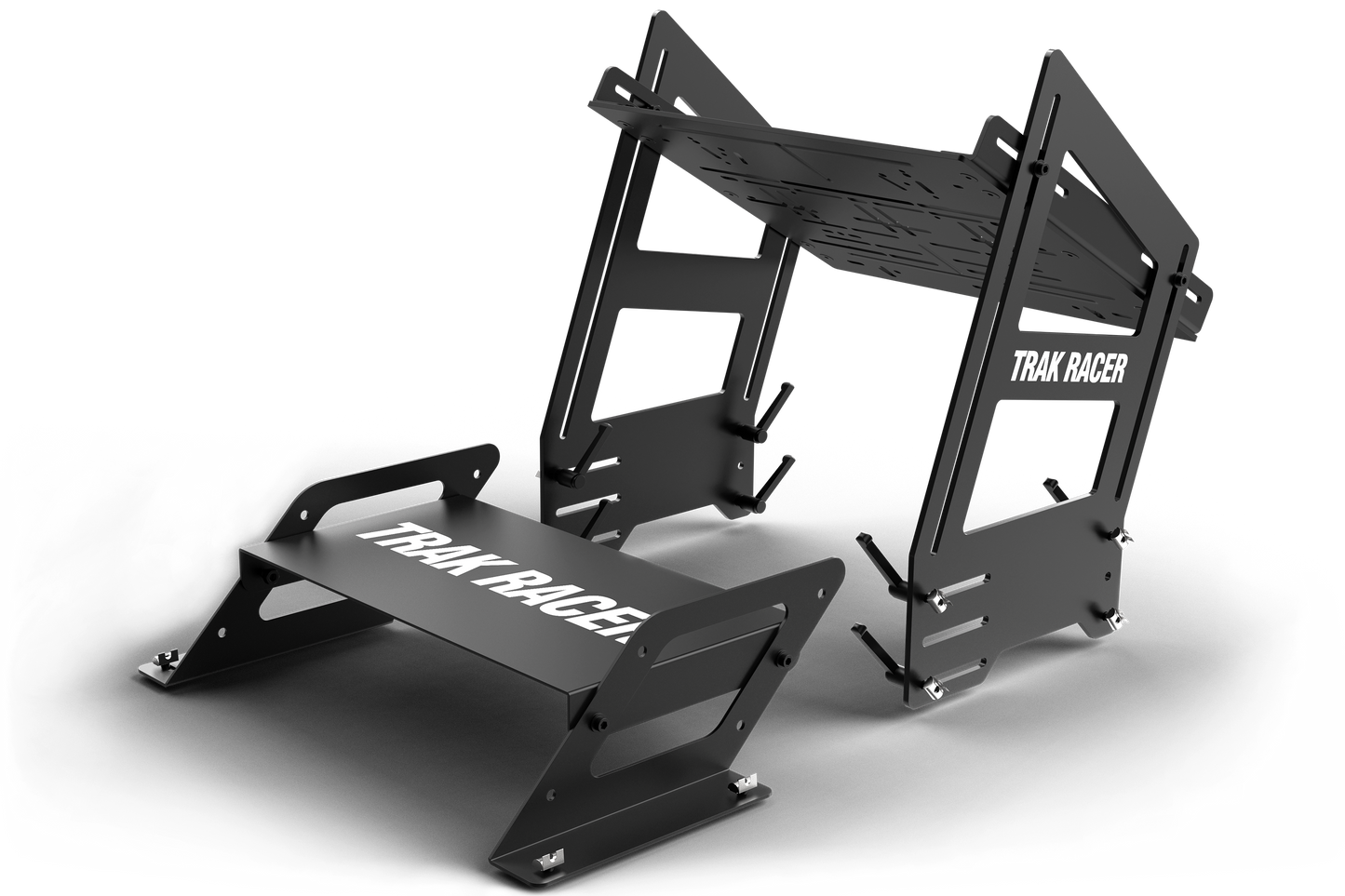 Black metal frame with 'Trak Racer' branding on a white background