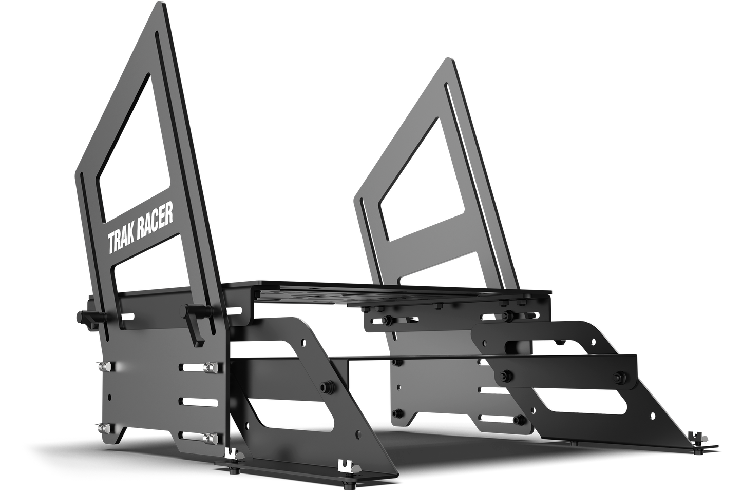 Black metal vehicle bumper with 'Trak Racer' branding on a white background