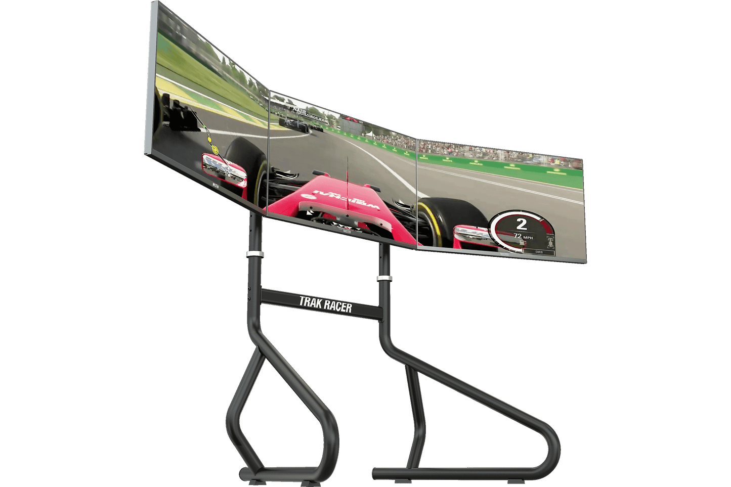 Simulator setup with a racing game on a curved monitor