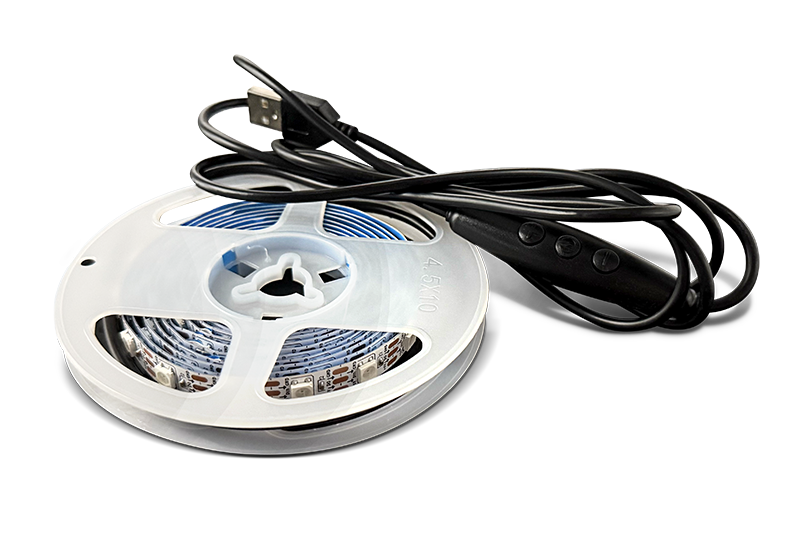 LED strip light with USB cable on a white background