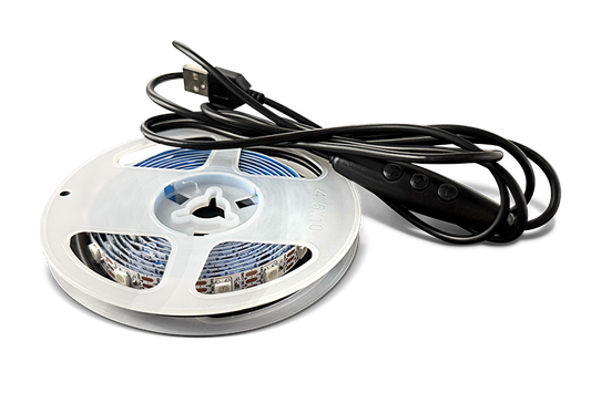 LED strip light with USB cable on a white background