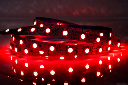 Red LED strip light on a dark background