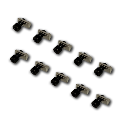Set of 12 guitar tuning pegs on a white background