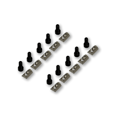 Set of small metal components on a white background