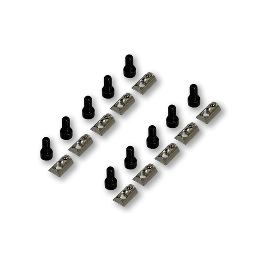 Set of small metal components on a white background