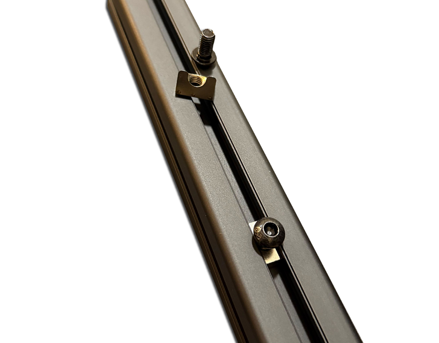 Metallic rod with screws on a white background