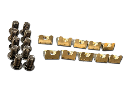 Set of metal screws and brass connectors on a white background