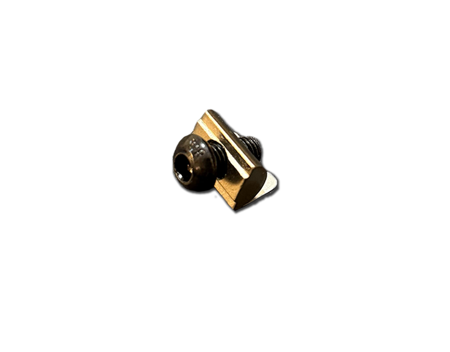 Small black and gold object on a white background