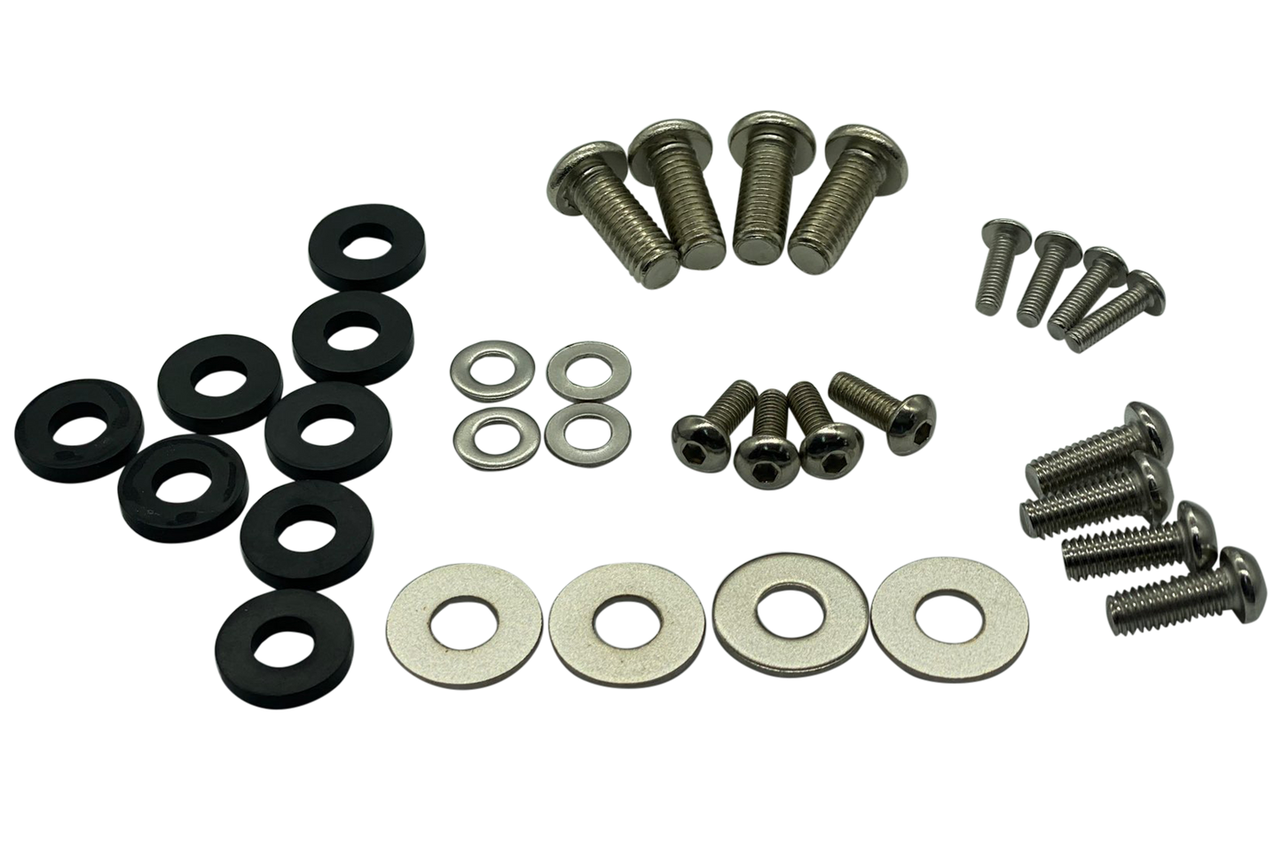 Collection of screws and washers on a white background