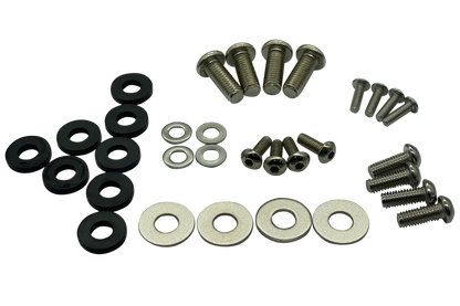 Collection of screws and washers on a white background