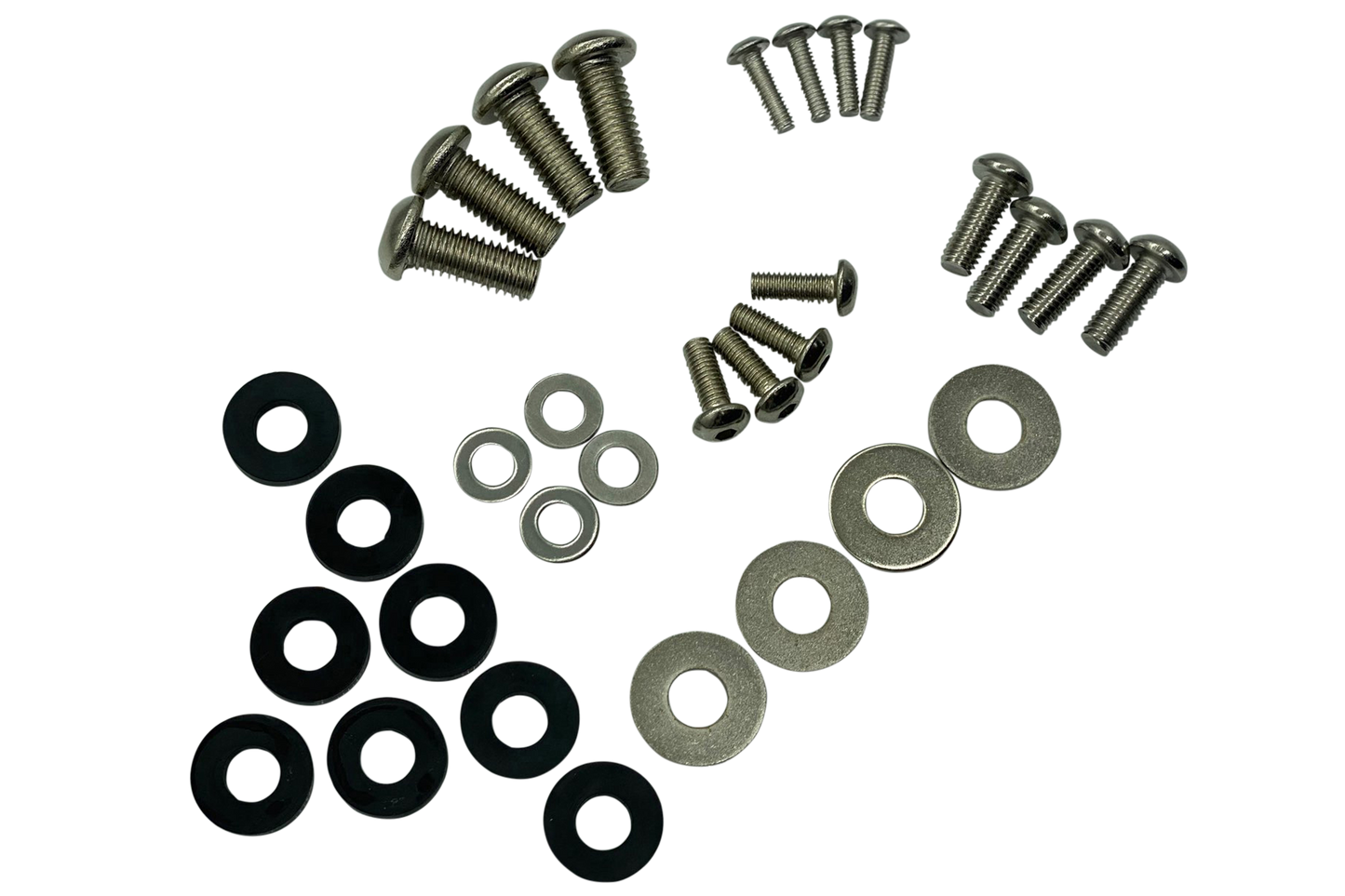 Collection of screws and washers on a white background