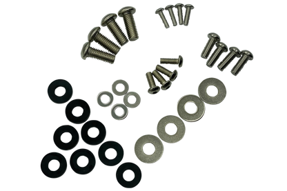 Collection of screws and washers on a white background