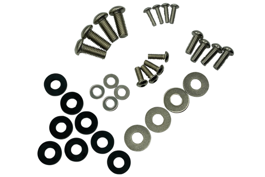 Collection of screws and washers on a white background