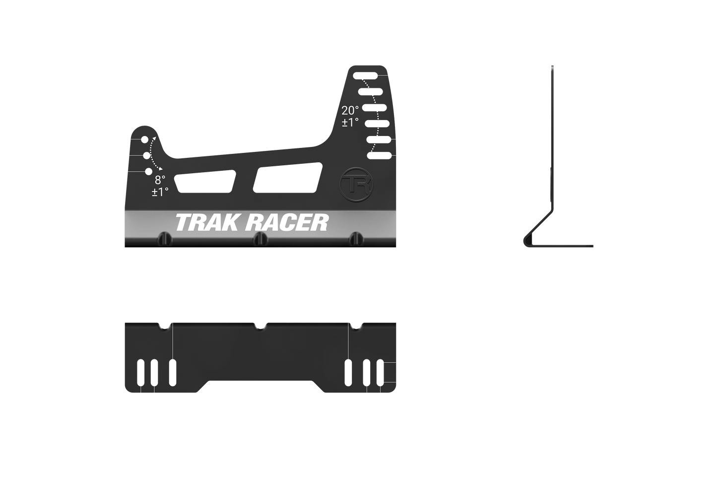 Technical drawing of a 'Trak Racer' product with dimensions on a black background