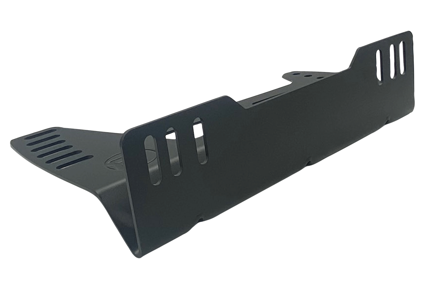 Black metal vehicle skid plate on a white background