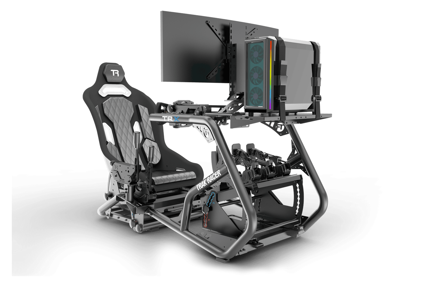 Gaming chair with a computer setup on a transparent background