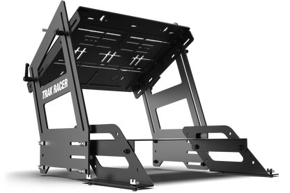 Black metal stand with 'Trak Racer' branding on a white background