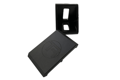Black rectangular object with a circular logo on a white background