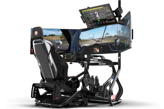 Racing simulator with multiple screens and a steering wheel on a white background