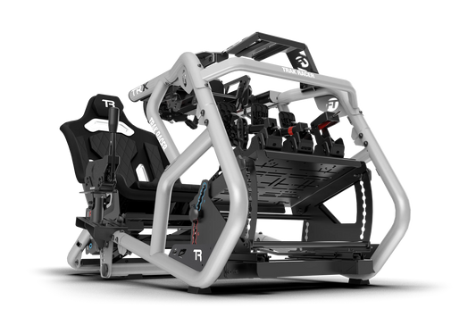 Racing simulator chair with a white frame and black seat on a white background