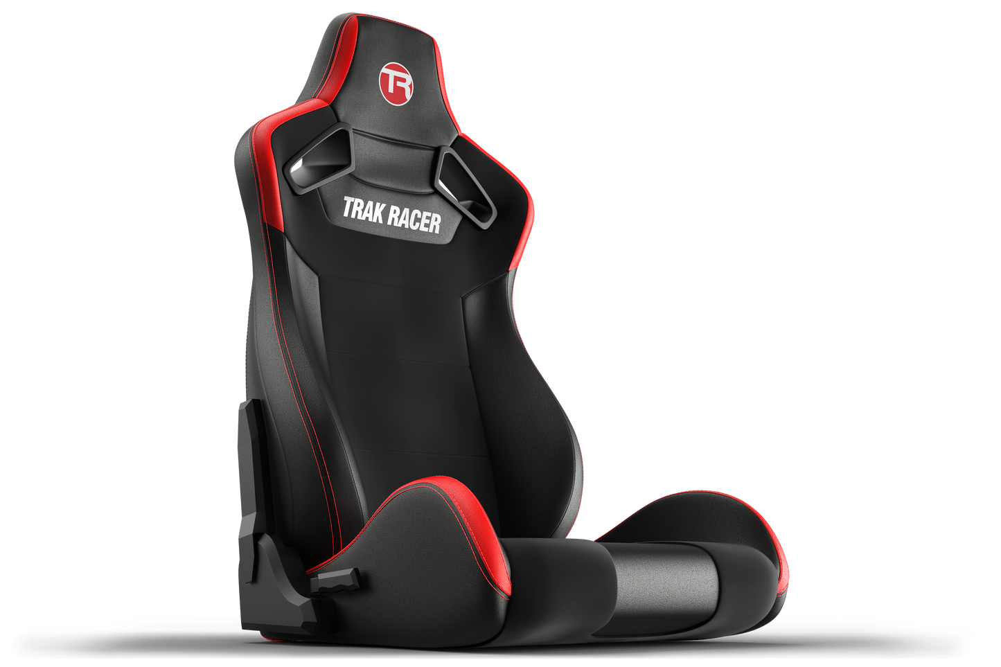 Black and red racing seat with 'Trak Racer' branding on a white background